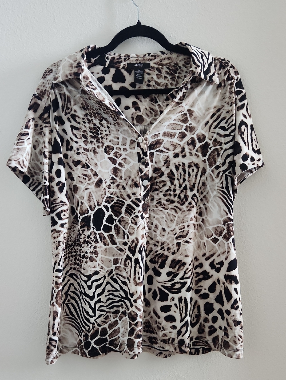 Alfani Women's Animal Print Short Sleeve Button Front Top - Cream/Brown/Black